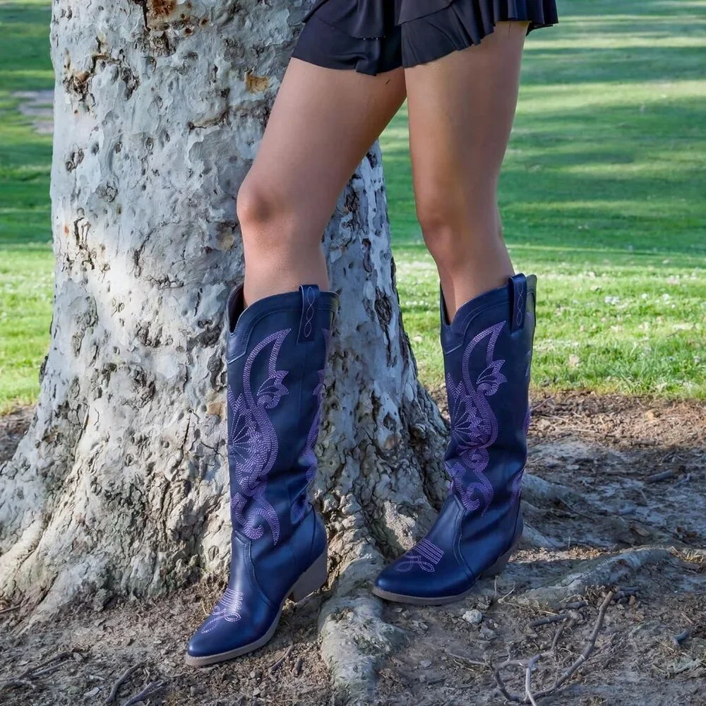 Women's Purple Faux Leather Pointed Toe and Block Heel Classic Embroidered Boot